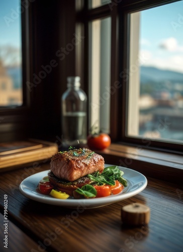 a delicious salmon steak with rosemary and tomatoes and a cozy atmosphere