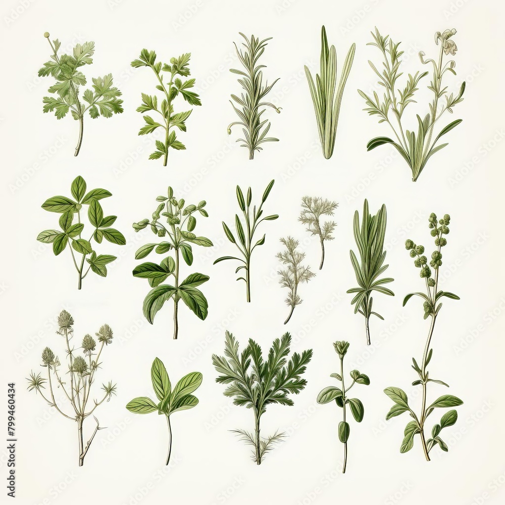 A collection of various herbs and plants are depicted in a vintage style A collection of various herbs and plants are depicted in a vintage style