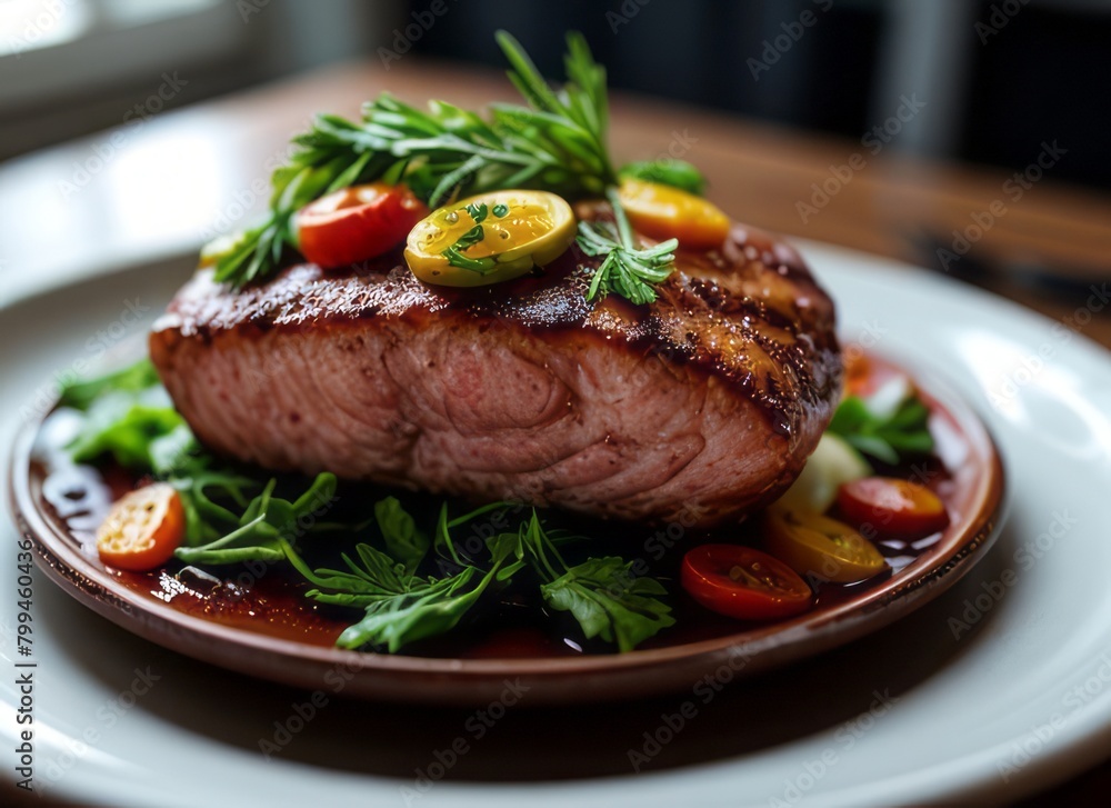 a delicious salmon steak with rosemary and tomatoes and a cozy atmosphere