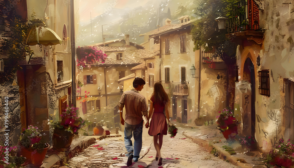 Enchanting digital painting of a couple strolling hand in hand through a charming cobblestone villag Generative AI