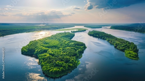 Aerial landscape view on Volga river with islands and green forest. Picturesque panoramic view from the height on the touristic part of the Volga river near Samara city at summer sunny day. photo