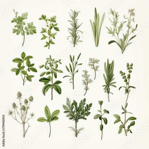 A collection of various herbs and plants are depicted in a vintage style