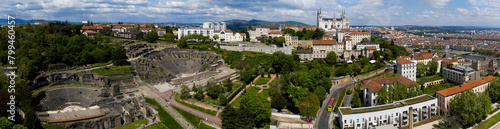 Aerial view of Ancient Theatre of Fourvière, and The Odeon of Lyon. France. it was an ancient Roman theatre inscribed on the UNESCO. In the background on a hill the Basilica of Notre-Dame de Fourvière photo