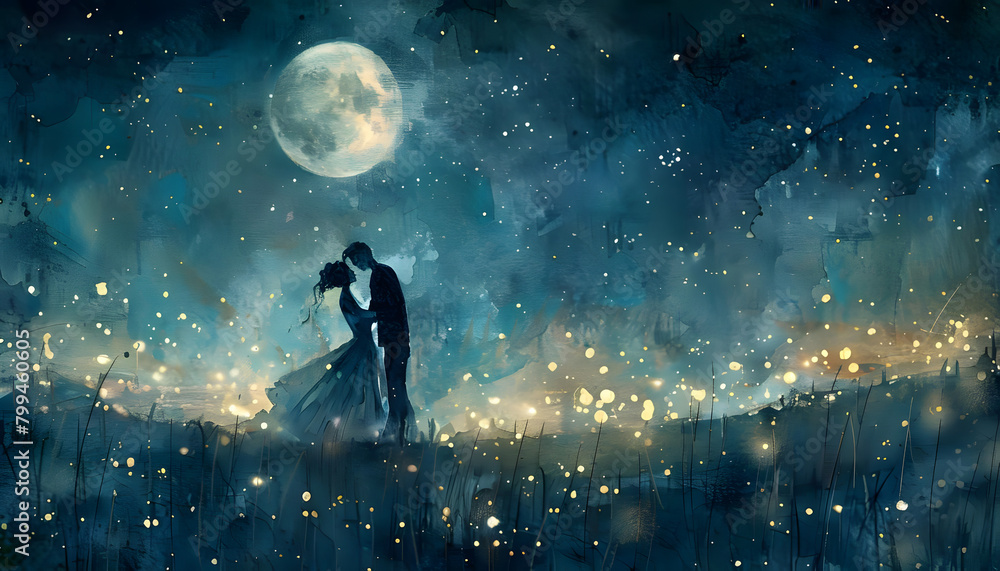 Dreamy watercolor scene of a couple dancing under the moonlight in a field of glowing firefliesar74v Generative AI