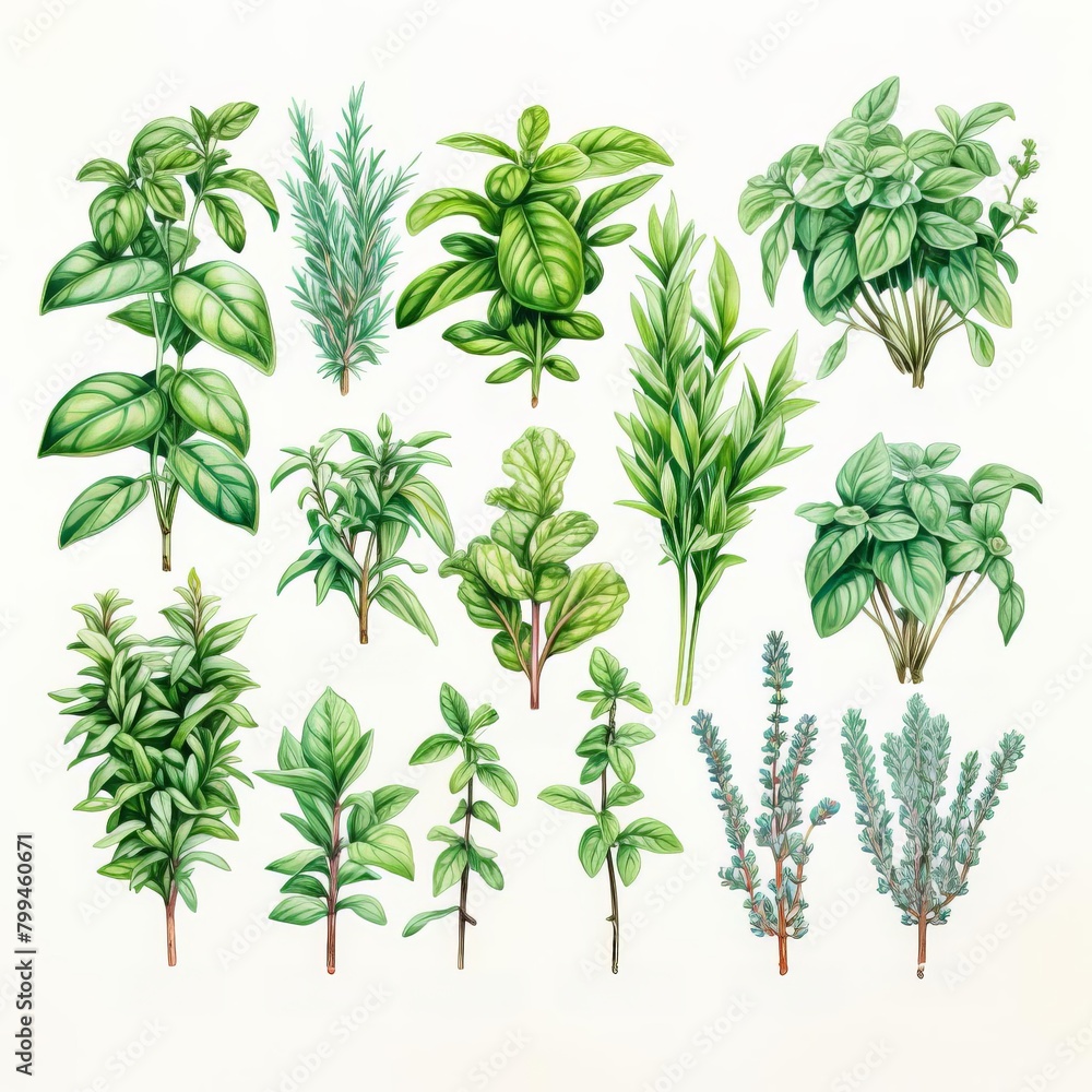 A collection of green plants, including basil, parsley, and rosemary