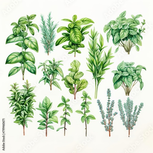 A collection of green plants  including basil  parsley  and rosemary