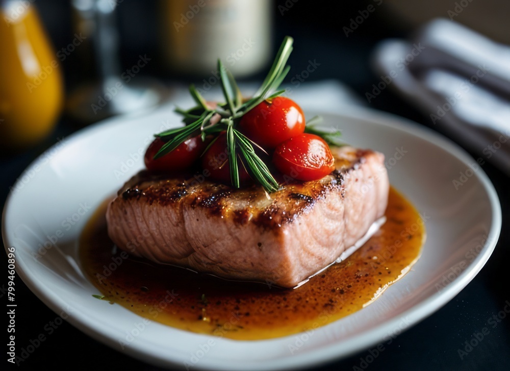 a delicious salmon steak with rosemary and tomatoes and a cozy atmosphere a delicious salmon steak with rosemary and tomatoes and a cozy atmosphere