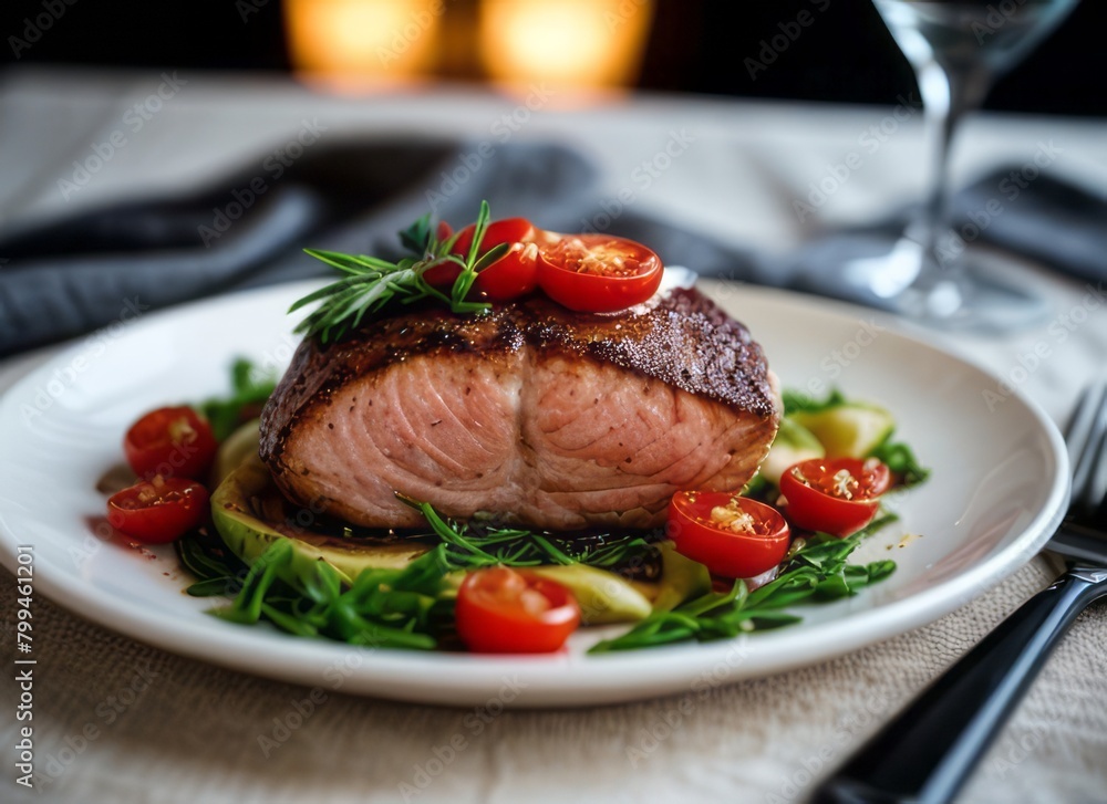 a delicious salmon steak with rosemary and tomatoes and a cozy atmosphere a delicious salmon steak with rosemary and tomatoes and a cozy atmosphere