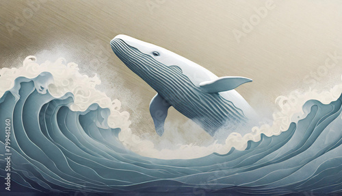 illustration of a white whale jumping out of the water between waves in the sea