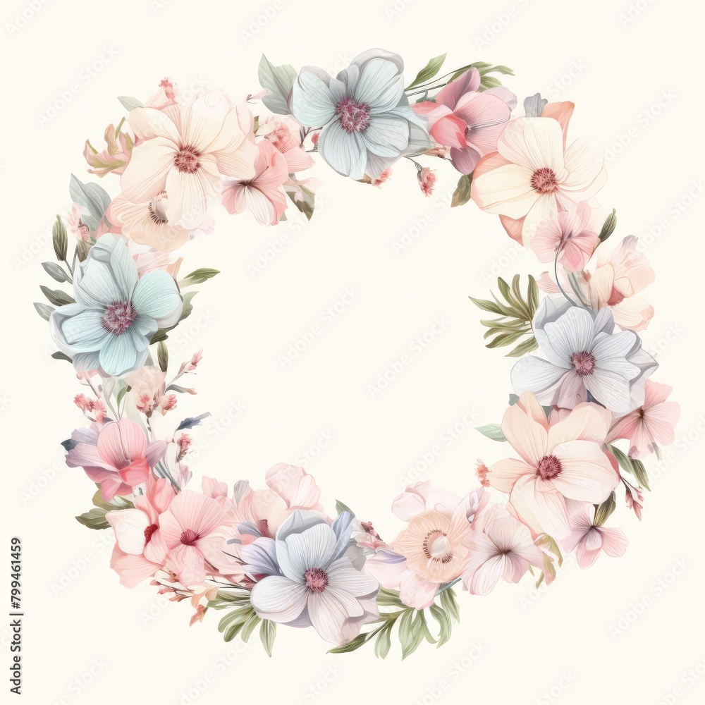 A colorful flower wreath with pink, blue, and white flowers