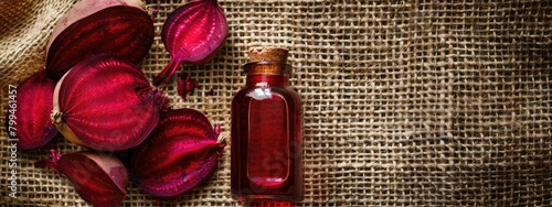 essential oil of red beet on the background of burlap top view photo