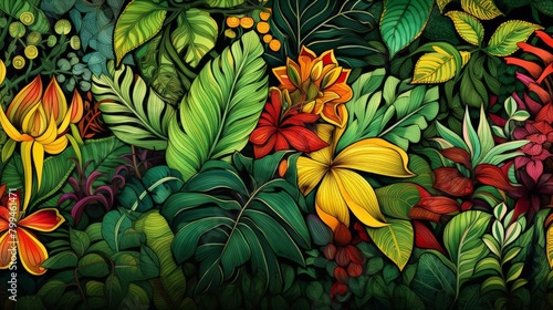 A colorful painting of a jungle scene with many different types of flowers