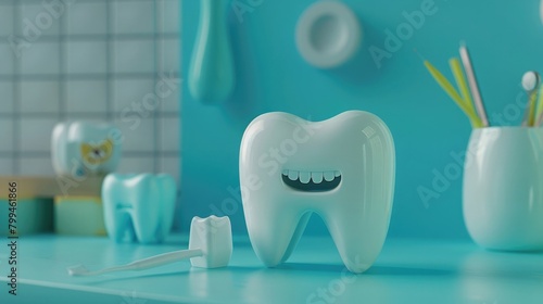 Generate a captivating 3D illustration showcasing teeth and dental instruments against a soothing blue background