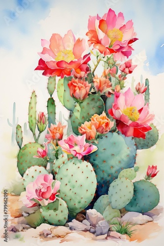 A painting of a desert scene with a cactus and pink flowers photo