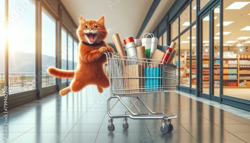 A ginger cat laughs while jumping, in a running pose, holding a cart filled with boxes, bags, tubes, along the corridor of a shopping center. Shopping with discounts on Black Friday