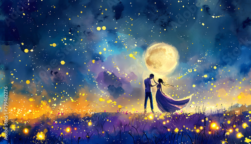 Dreamy watercolor scene of a couple dancing under the moonlight in a field of glowing firefliesar74v Generative AI © Zazu
