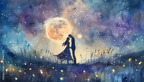 Dreamy watercolor scene of a couple dancing under the moonlight in a field of glowing firefliesar74v Generative AI © Zazu