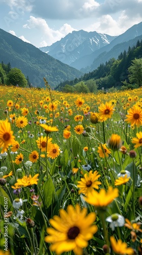 Field of Yellow Flowers With Background Mountains