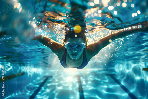 Woman Swimming Freestyle. Under water shoot of a woman swimming freestyle in olympic pool photo