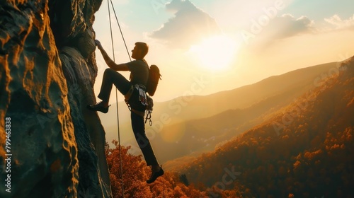 Free photo of silhouette of brave heroic man trying to climb with rope in mountain valley at sunset photo
