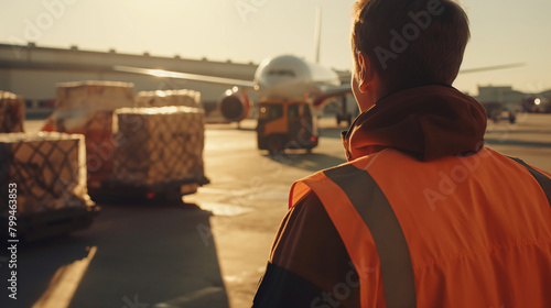 Close-up of a cargo airport worker carefully inspecting cargo containers before loading them onto a waiting cargo plane, the attention to detail ensuring the safe and efficient tra photo