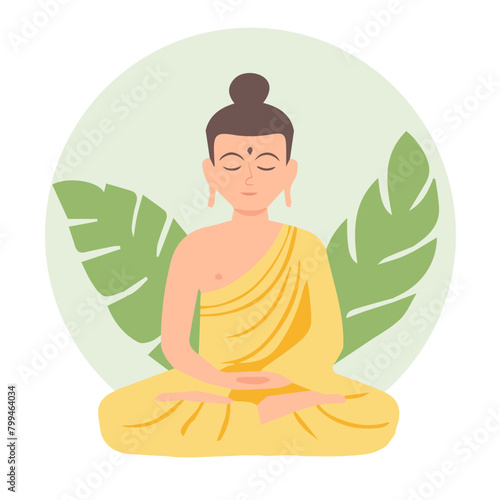 Buddha icon. A man in a yellow robe is engaged in spiritual practice. Meditation and Zen in Buddhism. Asian Tibetan faith. Flat vector illustration. © KotBaton