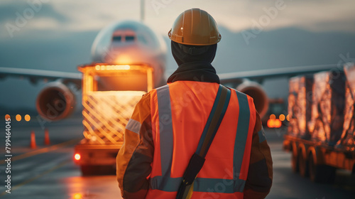 Close-up of a cargo airport worker inspecting cargo containers for damage or tampering before loading them onto a waiting plane, the thorough security checks ensuring the integrity photo