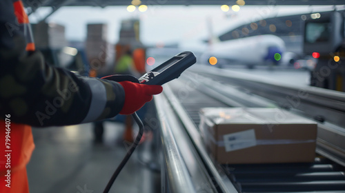 A close-up shot of a cargo airport worker using a handheld scanner to track the movement of packages as they are loaded onto a conveyor belt leading to a cargo plane, the digital t photo