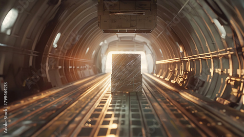 A close-up of a cargo plane's cargo hold being filled with pallets of goods by cargo airport workers, the synchronized movements reflecting the teamwork and coordination essential