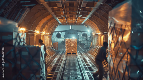 A close-up of a cargo plane's cargo hold being filled with pallets of goods by cargo airport workers, the synchronized movements reflecting the teamwork and coordination essential