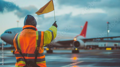 Close-up of a cargo airport worker waving signal flags to guide a cargo plane to its parking position on the tarmac, the precise ground handling ensuring safe and efficient logisti photo