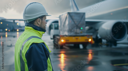 Close-up of a cargo airport worker inspecting cargo containers for compliance with safety regulations before loading them onto a waiting cargo plane, the thorough checks ensuring t