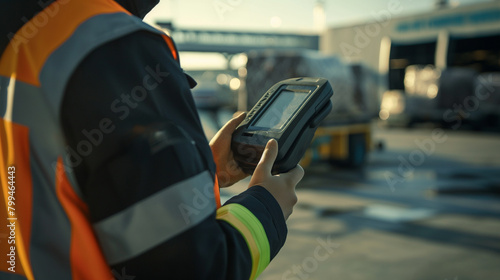 Close-up of a cargo airport worker using a hand-held scanner to verify the contents of cargo containers before loading them onto a waiting plane, the digital verification process e