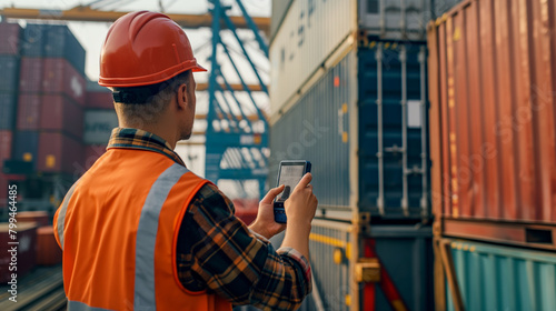 Close-up of a cargo port worker using a handheld device to scan barcodes on cargo containers before loading them onto a ship, the digital tracking system enhancing efficiency and a
