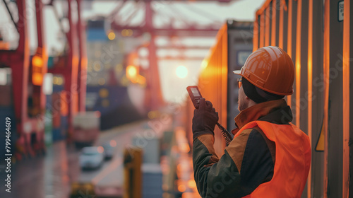 Close-up of a cargo port worker guiding a container onto a ship's deck using a handheld radio to communicate with crane operators, the clear instructions facilitating smooth and sa photo