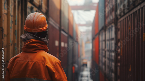 Close-up of a cargo port worker inspecting cargo containers for proper labeling and documentation before loading them onto a ship, the adherence to protocols ensuring compliance wi