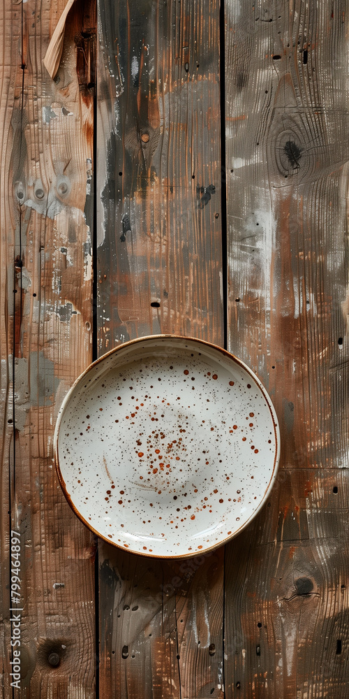 ceramic dinner plate on a wooden table, top view ceramic dinner plate on a wooden table, top view