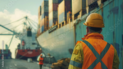 Close-up of a cargo port worker coordinating with dockworkers to position cargo containers on the loading area of a bulk carrier, the synchronized teamwork ensuring efficient loadi