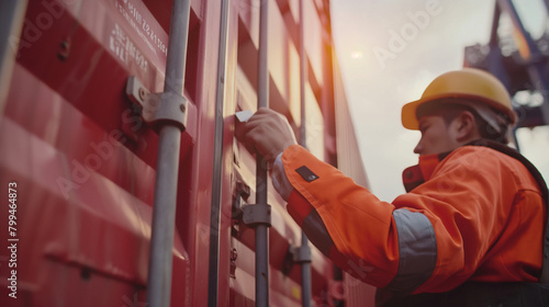 Close-up of a cargo port worker affixing RFID tags to cargo containers before loading them onto a ship, the technology enabling automated tracking and monitoring of shipments durin photo