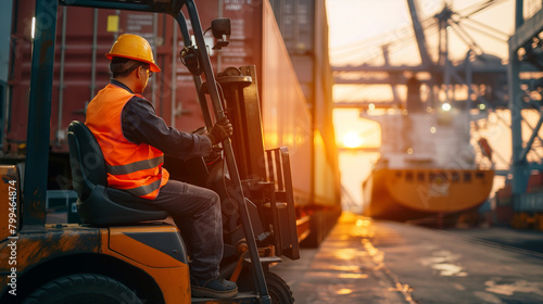 Close-up of a cargo port worker operating a forklift to load cargo containers onto a waiting bulk carrier, the agile maneuvering ensuring swift and efficient loading operations at