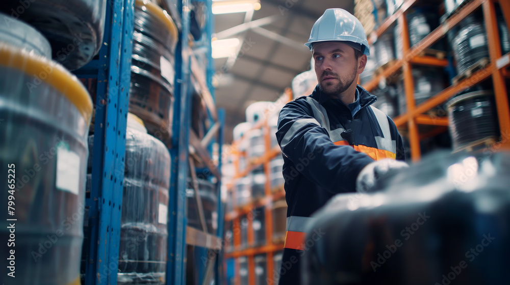 Close-up of a cargo warehouse worker inspecting a shipment of automotive fluids for leaks or spills before loading them onto a delivery truck, the thorough checks ensuring complian Close-up of a cargo warehouse worker inspecting a shipment of automotive fluids for leaks or spills before loading them onto a delivery truck, the thorough checks ensuring complian