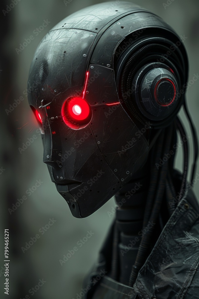 Fototapeta premium A close up of a robot with red glowing eyes, AI