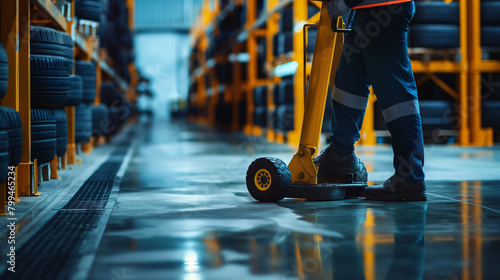Close-up of a cargo warehouse worker using a pallet jack to move stacks of automotive tires to the loading area, the manual handling demonstrating the physical prowess and skill of