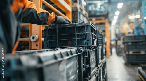 Close-up of a cargo warehouse worker stacking crates of automotive components onto pallets for distribution, the precise stacking ensuring stability and safety during road transpor photo