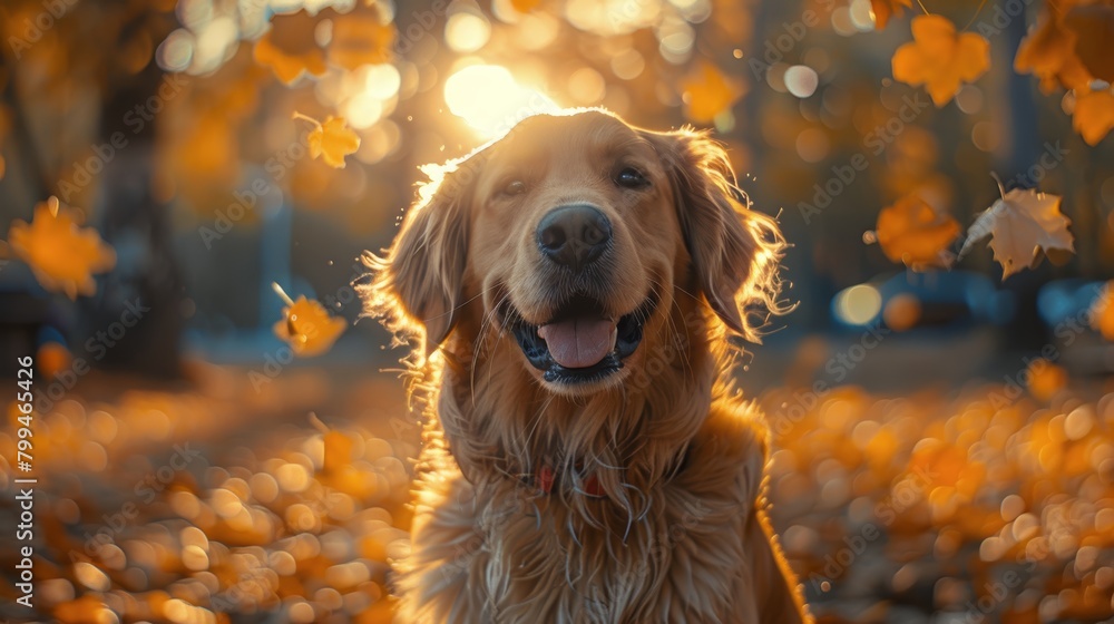 Golden Retriever Sitting in Leaves in Forest