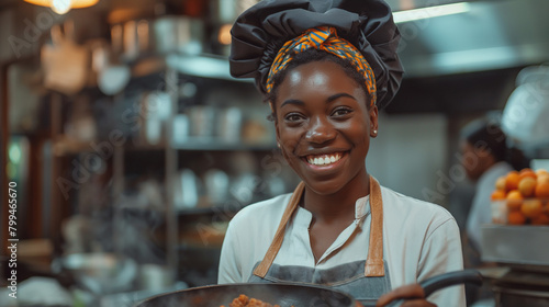 Happy black female chef has fun while preparing food in frying pan at restaurant kitchen. photo