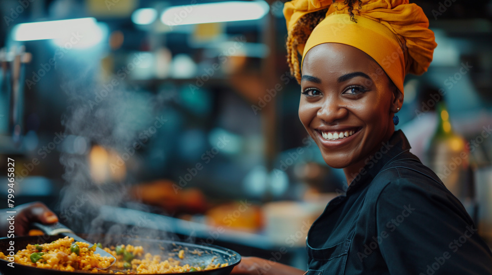 Happy black female chef has fun while preparing food in frying pan at restaurant kitchen.