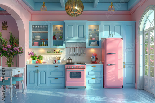 A retro-style kitchen decorated with pastel colors and chrome accents, capturing the aesthetic of 1950s home design. Concept of nostalgic interior decor. Generative Ai. © Sebastian