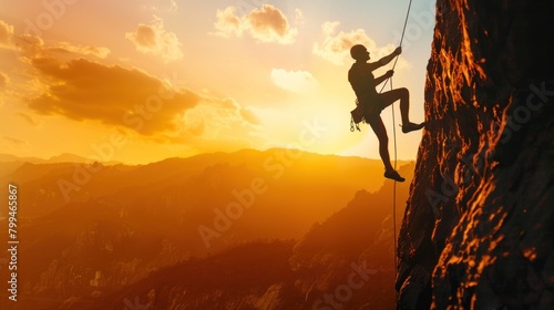 Free photo of silhouette of brave heroic man trying to climb with rope in mountain valley at sunset