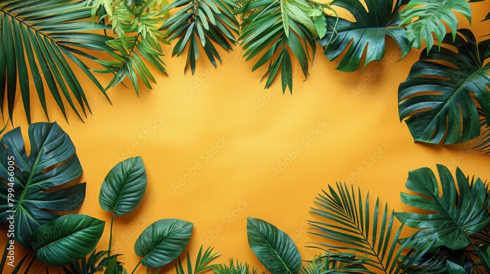 Tropical Palm Leaves Frame on Vibrant Yellow. Tropical Palm Leaves Frame on Vibrant Yellow.